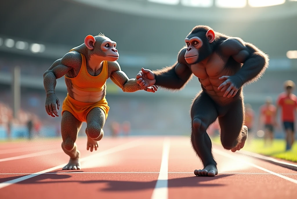 A humanoid pangolin passing the baton to a humanoid chimpanzee during the relay race 4x. motion trails. daylight. There are racing track lanes.