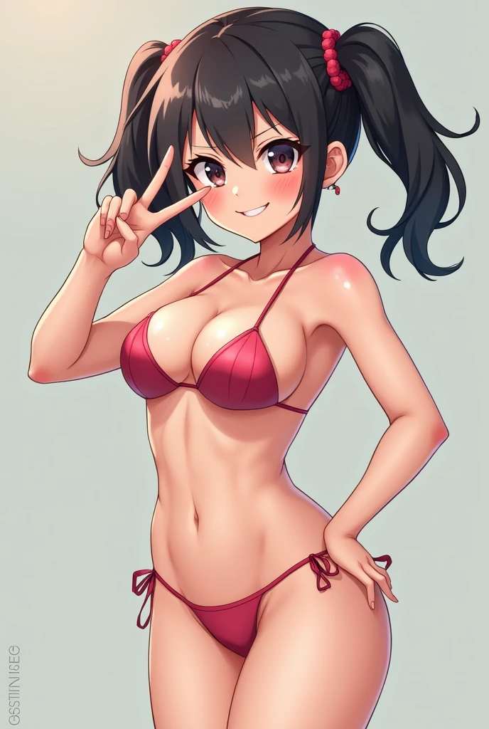 Very short estature, micro bikini, peace sign,girl, smile,photo sesión,slut,anime girl, ahegao