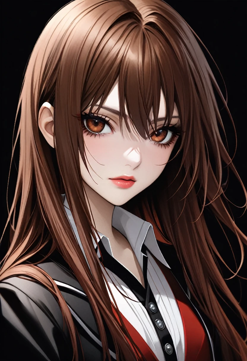 ((Yuki Kuran)), Vampire Knight, long straight brown hair, reddish brown eyes, thick black eyeliner around eyes, black background, hair parted to left side, straight on, looking at viewer,  
