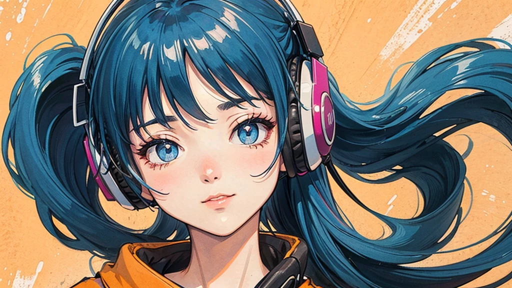 1 person, Blue Long Hair, 80s anime style, I have headphones on, coffee, Retro, Lo-Fi,Orange wall only background, Wearing a short-sleeved T-shirt, Close-up of a woman's face from the front, Retroなカメラを持っている