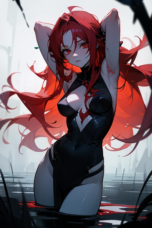 An anime-style redhead girl with long, messy hair emerges sensually from a dark lake of blood. Her skin is pale like a vampire's,, soaked and stuck to his body, highlighting your figure. She is in a provocative position on all fours, with arched back, as his hands touch the surface of the lake of blood