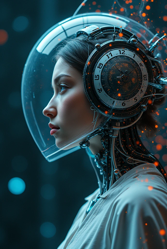 Full body, floating, Immersed in sidereal space, floating in the neural network of data, A woman depicted in a highly detailed and realistic manner, with a robot-like appearance. In the background we have infinite space in nothingness, in the darkness billions of neural connections of data from all parts of the world are perceived, by the integration of the use of the Internet of information that is integrated within them for communication between people, a Neural Network of information, She is wearing a helmet and appears to be standing in front of a blue background. The woman's face is shown in close-up, and she is positioned in the center of the image. The background also includes a few other elements, such as a clock and a book, which are placed towards the right side of the image. The overall composition of the image gives it a futuristic and advanced feel, with the woman seemingly interacting with the robot-like structure. in the background, the infinite space, with flashes of colors by the neural connections and the energy and the information that is processed by the international data for the development of artificial intelligence and the optimization of processes. Beautiful landscape of outer space with billions of information connections that form nebulae, floating in space, AI learning development. We optimize information and collect prompts for learning and neural development of AI with Google GEMINI PRO 1.5 pro experimental 0801Developing AI learning. Masterpiece:1.3 , (masterpiece、:1.3)、(highest quality:1.4)、(Super high resolution:1.2)、Super high resolution、(detailed eye)、(detailed connection ngign. a close-up of a robot's head, with a focus on the intricate details of its mechanical structure. The robot's head is made of metal and appears to be a combination of a human face and a robot's mechanical design. The robot's head is surrounded by various wires, giving it a futuristic and advanced appearance. The close-up view of the robot's head allows for a