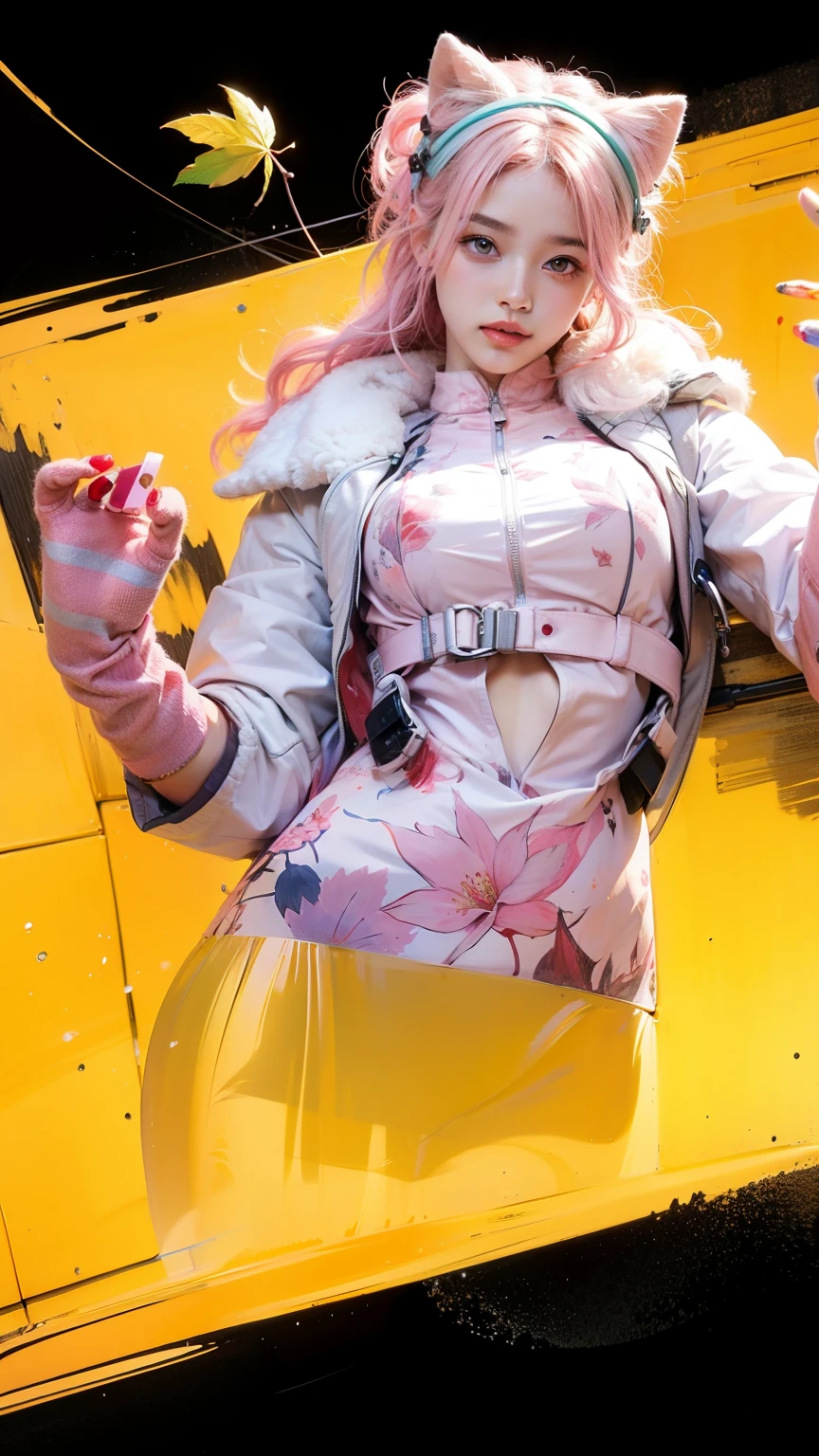 Light pink hair, pink eyes, pink and white, sakura leafs, vivid colors, white dress, paint splash, simple background, ray tracing, wavy hair