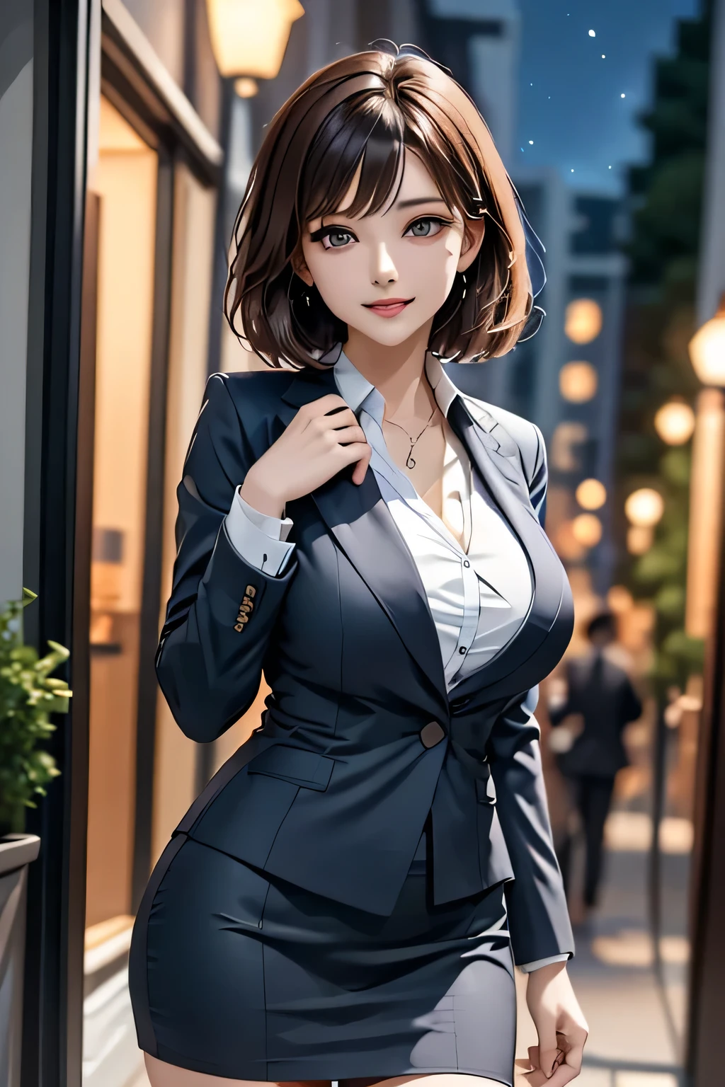 (1 Beauty), beautiful, Great face and eyes, cosmetics, (Extremely delicate beautiful face), (Sexiest Looks), (beautiful big breasts:1.1), (Highest quality:1.4), (Super detailed), (Very detailed CG synthesis 8k wallpaper), Very detailed, Original photo, Professional photography, ((suit)), (Tight Skirt), (Open collar business shirt), Outdoor, ((Night Forest)), (Night Sky), Depth of written boundary