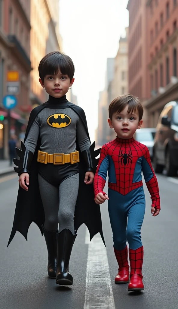 batman and spiderman kid, no mask, showing the whole face, batman is 8-year-old and spiderman is 5-year-old child, straight and short hair, thin face, body skinny, daytime, walking on the street during the day, realisitic, showing the whole body.