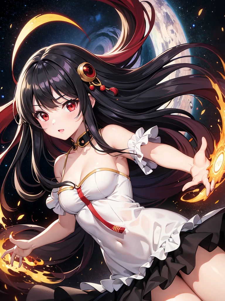 masterpiece,Highest quality,High resolution,Very detailed,Akari,Red eyes,Long Hair,Ahoge,bangs,,hair ornaments, Bright and fine black hole accretion disk,
man