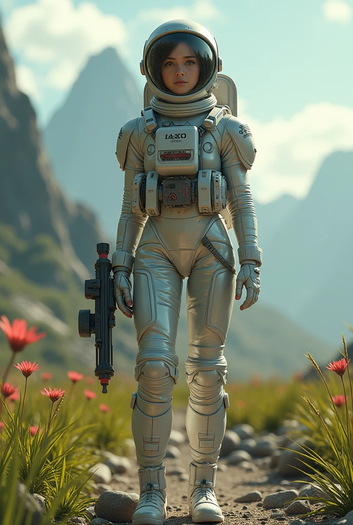 primé (tout le corps:0.8) (Photo portrait:1.3) d'une jeune femme (astronaute de science-fiction:1.3) avec un (char de l'armée:1.4), (Porte des étoiles:1.4), face à une planète extraterrestre verdoyante, (Montagnes:1.2) (hautes herbes:1.4), rochers, nuages duveteux dans le ciel, tendance sur artstation, très détaillé, détail fin, complexe, (reflet:0.6), (rétroéclairage:0.8), (floraison:0.8), Faible profondeur de champ