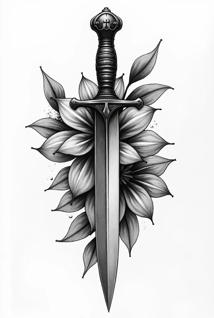get a black and white tattoo of a rustic dagger small through a flower, add lots of shading, reduza o tamanho da adaga e aumente o tamanho da flor