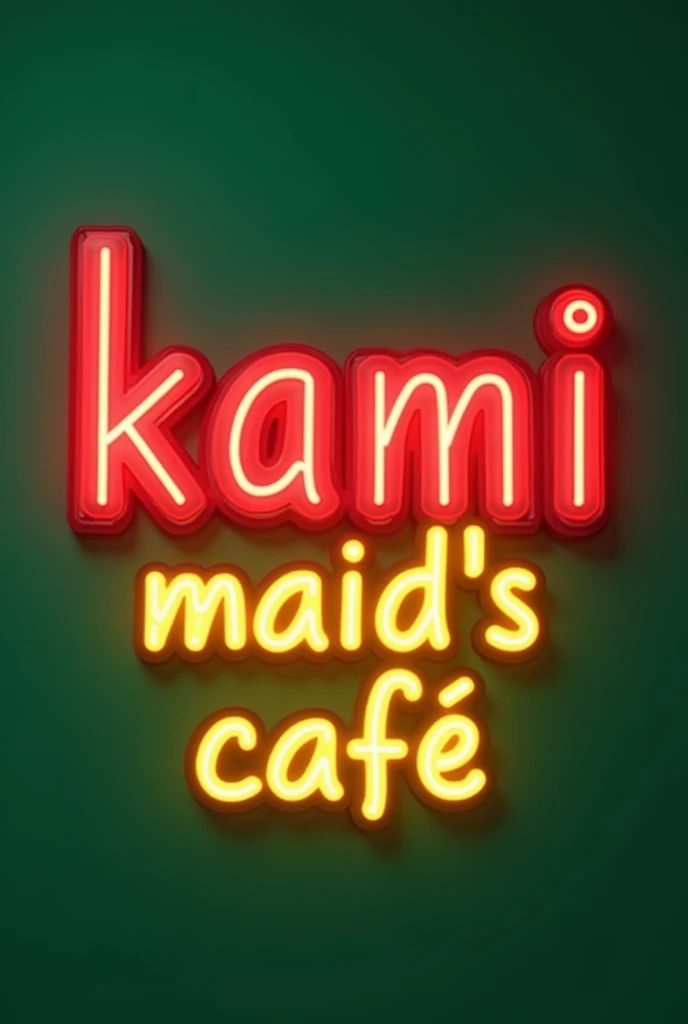 word (Kami Maid&#39;s Cafe), for an advertisement with large letters that have a black outline and a neon anime style, the word Kami that is red, the word maid&#39;s in neon yellow and the word Kafé in orange with a completely flat green background 