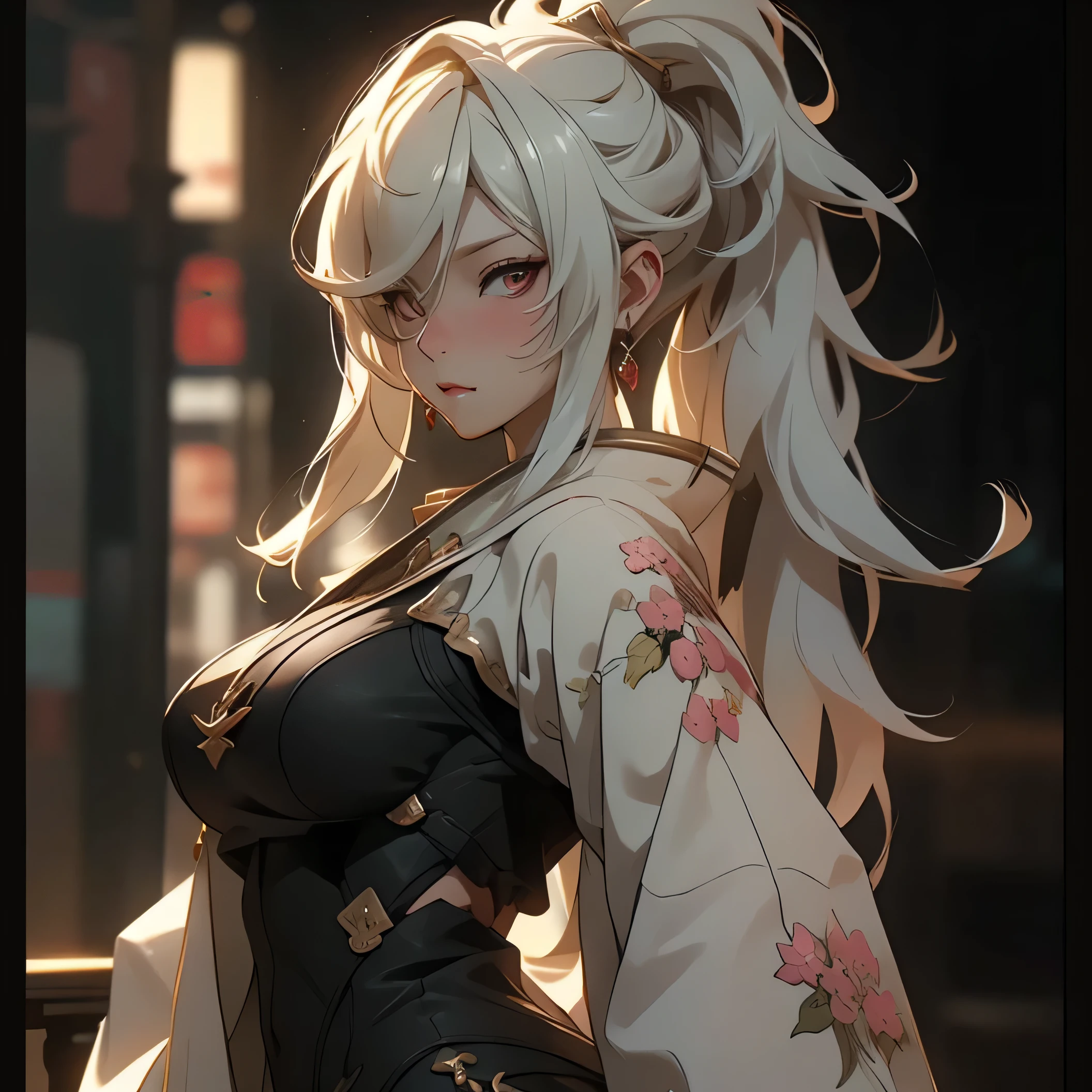 ((best quality)), ((Masterpiece)), (details:1.4), 3d, HDR (high dynamic range), amature woman, Blonde hair, High Ponytail, Red eyes, hips up, จมูกโด่ง, ปากแดง, หน้าอกใหญ่, nvidia RTX, PBR surface, After processing, Anisotropic filtration,depth of field, Maximum clarity and clarity, multi-layered surface, Subsurface tering, perfect proportions, 8K raw files, ultra detailed, Perfect proportions, volumetric lighting, soft lighting, Holy Poladin, Heavy Armor, intricate silver embroidery, glossy skin, gorgeous, intricate grey background, strong back lighting, jewely, ต่างหู , นิ้วมือสมบูรณ์