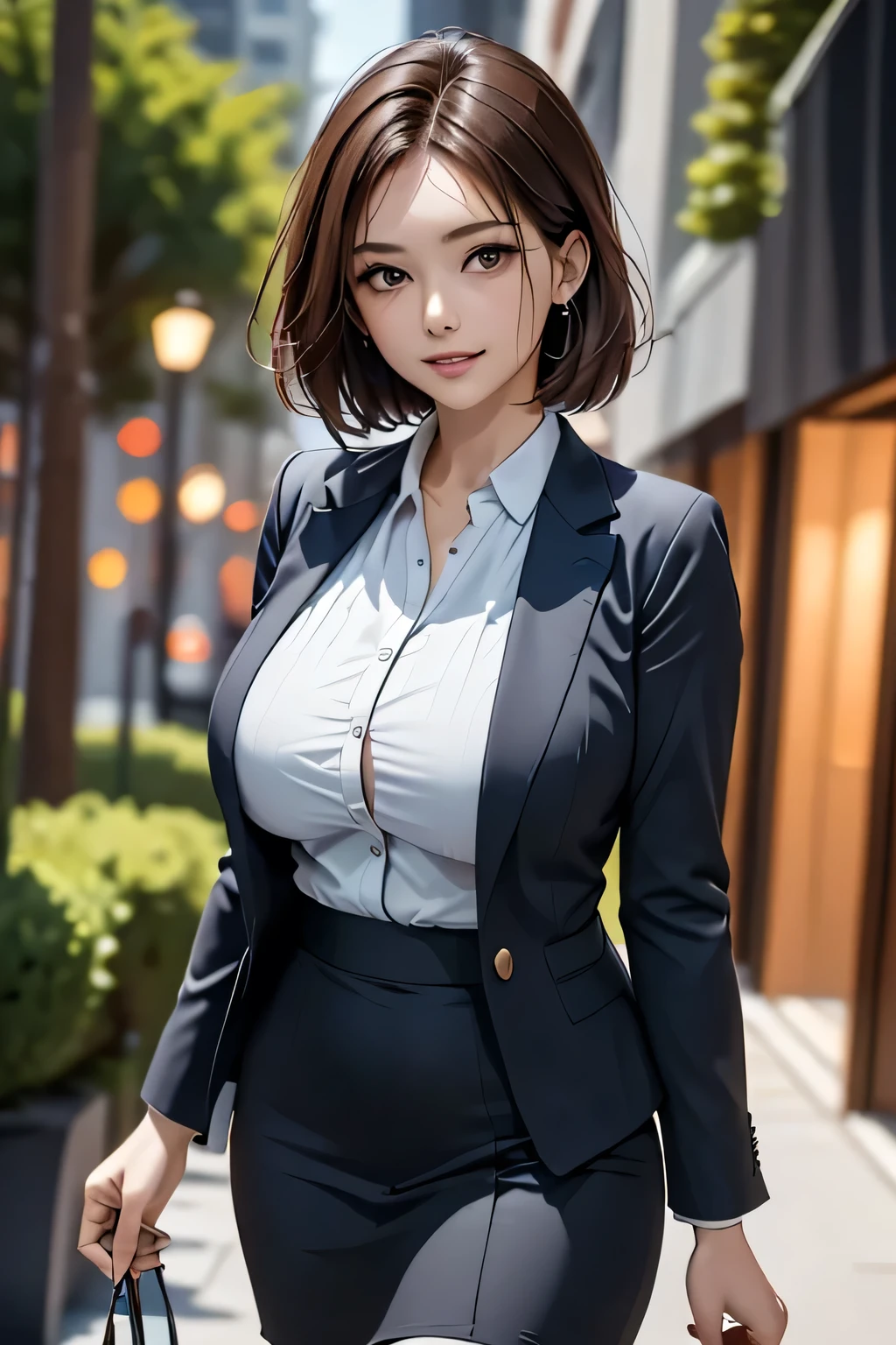 (1 Beauty), beautiful, Great face and eyes, cosmetics, (Extremely delicate beautiful face), (Sexiest Looks), (beautiful big breasts:1.1), (Highest quality:1.4), (Super detailed), (Very detailed CG synthesis 8k wallpaper), Very detailed, Original photo, Professional photography, ((suit)), (Tight Skirt), (Open collar business shirt), Outdoor, ((Night Forest)), (Night Sky), Depth of written boundary