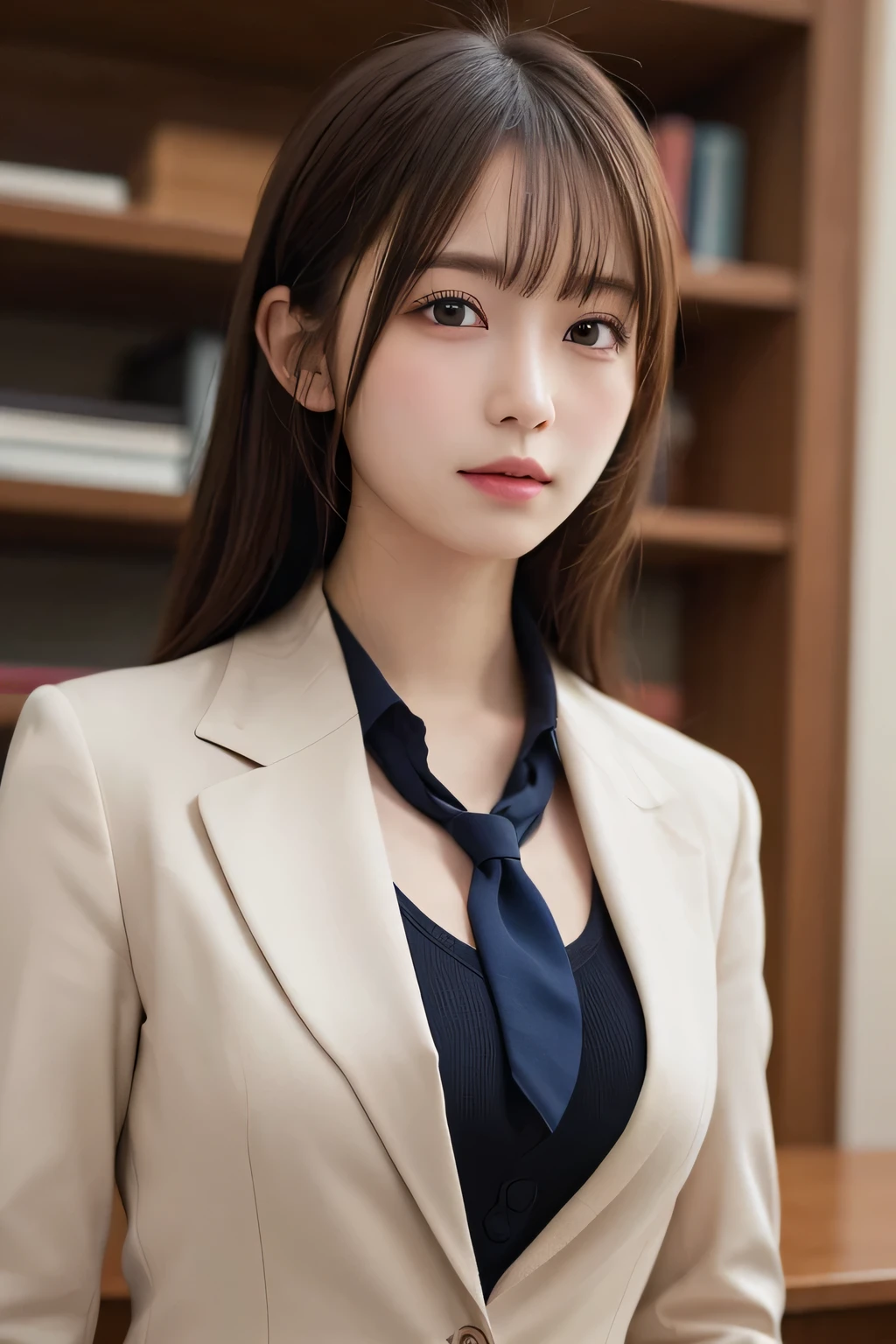 masutepiece, Best Quality, Illustration, Ultra-detailed, finely detail, hight resolution, 8K Wallpaper, Perfect dynamic composition, Beautiful detailed eyes, Natural Lip,Blazer ,School uniform, cleavage, Full body, 大きな胸,