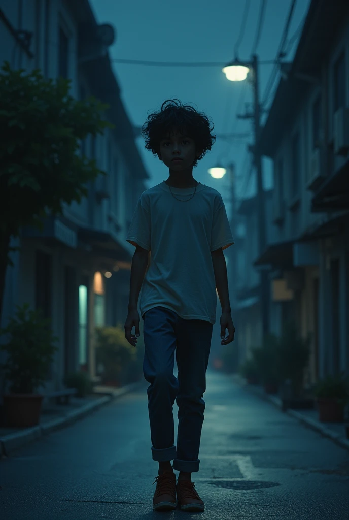 A dark skinned boy, , delgado, with dark circles, young, black fur, casual clothes, with a superpower, Walking down the street at night and a calm face while alone