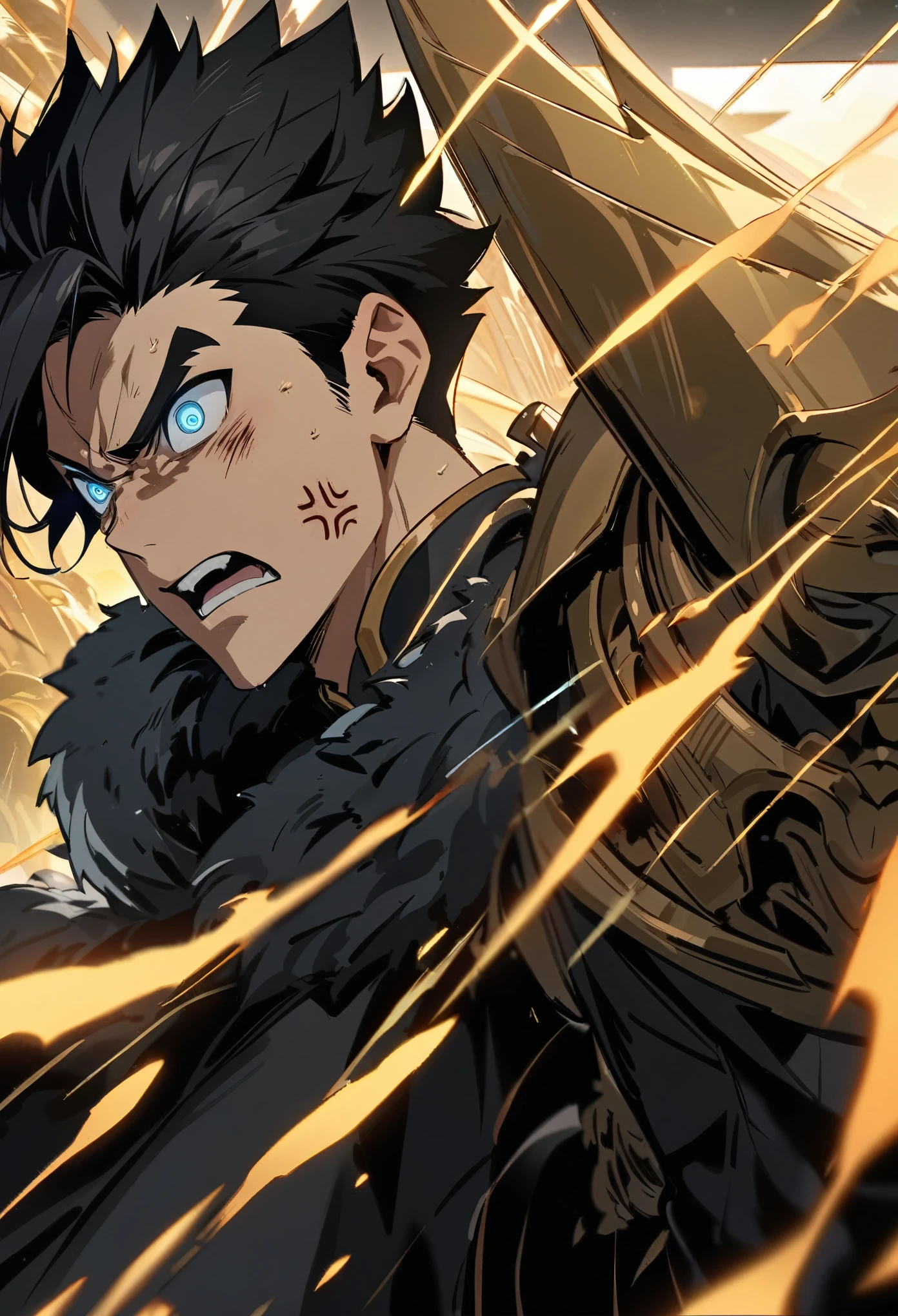 Masterpiece, High quality, Portrait, anime style, man,17 year old boy, angry face, Severe attack, อ้าปากจากAnger, Anger, glowing eyes, ผู้manอนิเมะตัวสูงที่มีตาสีฟ้า, black short hair, ((blue eyes)),Quiff Hairstyles, ((short black hair)), [Thick eyebrows], Palm Power,Chinese martial arts , ((black long coat)), ((all black)),Silver veil edge, (blue eyes) , handsome , Facial expressions, black knight armor , black fur shawl(Masterpiece,best quality,special, (Broad shoulders)) (muscle), Set up an attack, attack, There is an injury. , The background is a battlefield. , black light, Yellow flame,The giant golden Buddha statue is behind.((backdrop)), Eighteen Conquering Dragon Palms, Palm attack ,