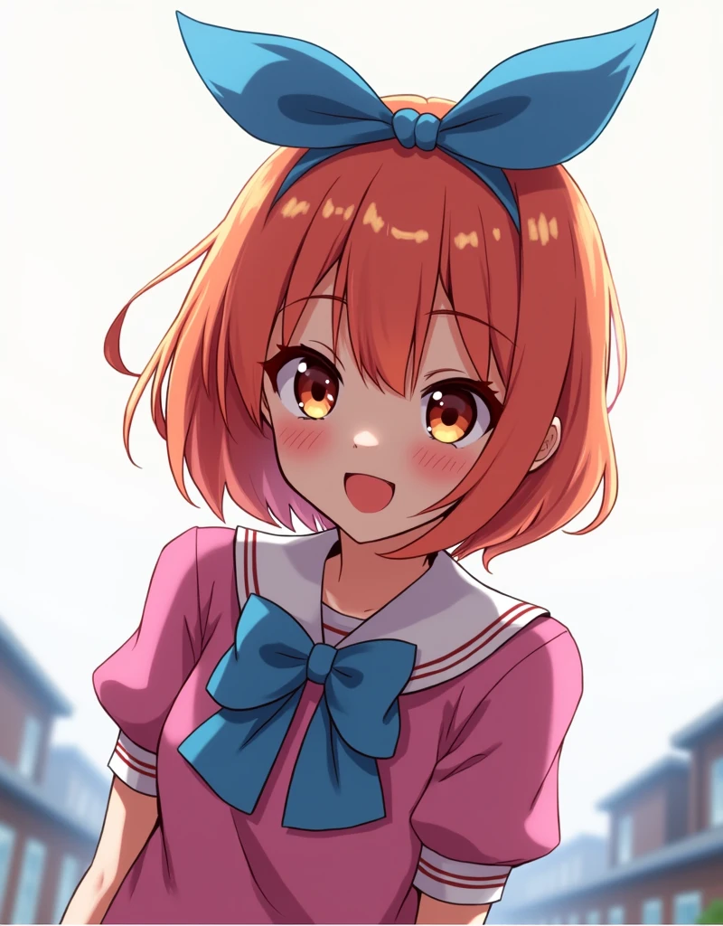 Angela in higschool uniform with boobs pink hair cute smile