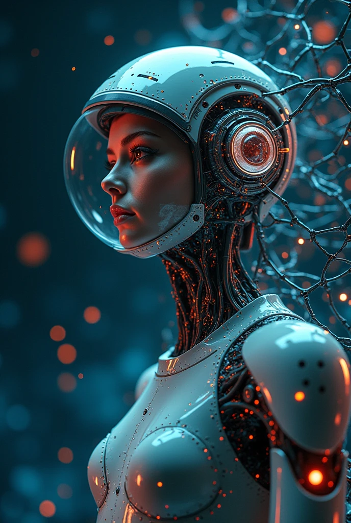 Full body, floating, Immersed in sidereal space, floating in the neural network of data, A woman depicted in a highly detailed and realistic manner, with a robot-like appearance. In the background we have infinite space in nothingness, in the darkness billions of neural connections of data from all parts of the world are perceived, by the integration of the use of the Internet of information that is integrated within them for communication between people, a Neural Network of information, She is wearing a helmet and appears to be standing in front of a blue background. The woman's face is shown in close-up, and she is positioned in the center of the image. The background also includes a few other elements, such as a clock and a book, which are placed towards the right side of the image. The overall composition of the image gives it a futuristic and advanced feel, with the woman seemingly interacting with the robot-like structure. in the background, the infinite space, with flashes of colors by the neural connections and the energy and the information that is processed by the international data for the development of artificial intelligence and the optimization of processes. Beautiful landscape of outer space with billions of information connections that form nebulae, floating in space, AI learning development. We optimize information and collect prompts for learning and neural development of AI with Google GEMINI PRO 1.5 pro experimental 0801Developing AI learning. Masterpiece:1.3 , (masterpiece、:1.3)、(highest quality:1.4)、(Super high resolution:1.2)、Super high resolution、(detailed eye)、(detailed connection ngign. a close-up of a robot's head, with a focus on the intricate details of its mechanical structure. The robot's head is made of metal and appears to be a combination of a human face and a robot's mechanical design. The robot's head is surrounded by various wires, giving it a futuristic and advanced appearance. The close-up view of the robot's head allows for a