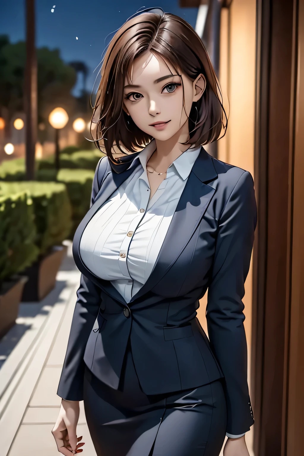 (1 Beauty), beautiful, Great face and eyes, cosmetics, (Extremely delicate beautiful face), (Sexiest Looks), (beautiful big breasts:1.1), (Highest quality:1.4), (Super detailed), (Very detailed CG synthesis 8k wallpaper), Very detailed, Original photo, Professional photography, ((suit)), (Tight Skirt), (Open collar business shirt), Outdoor, ((Night Forest)), (Night Sky), Depth of written boundary