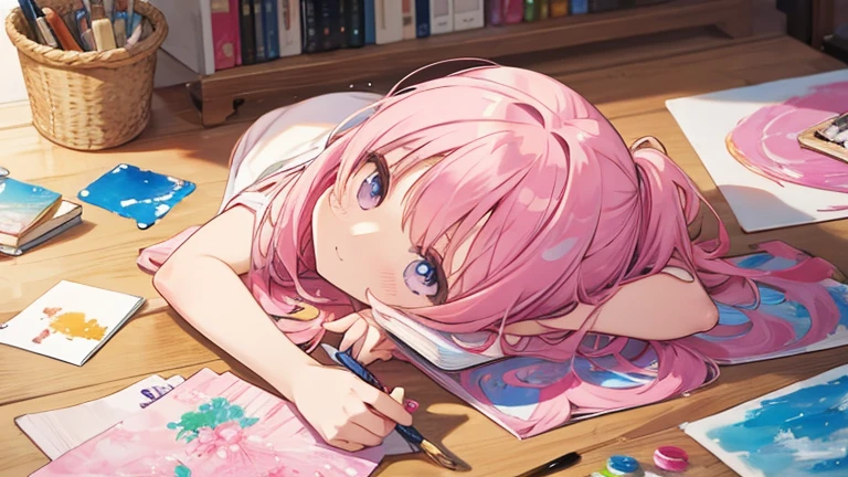 Pink Hair、Picture book style、Painting with paints、