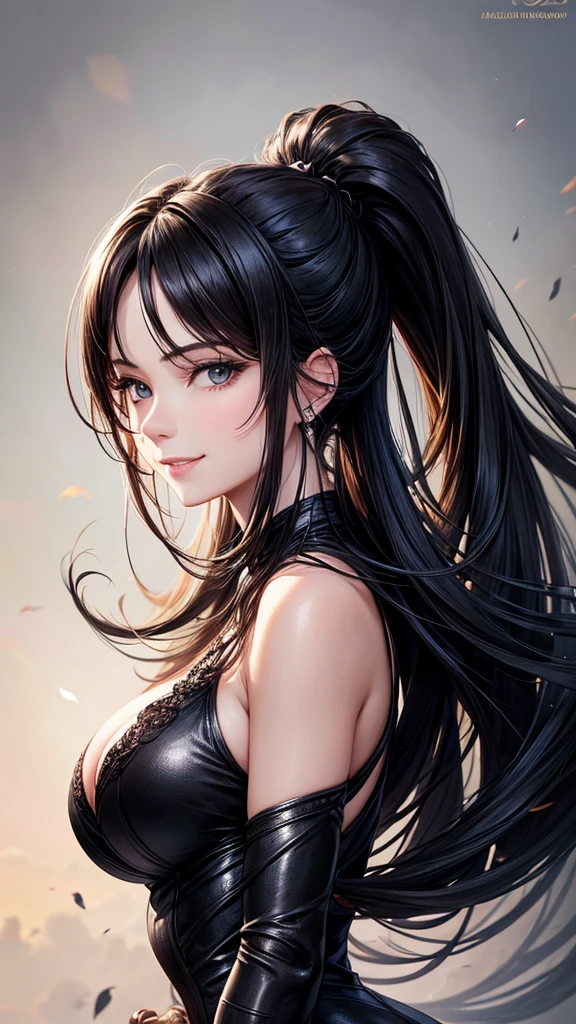 masterpiece, best quality, high resolution, closeup portrait, a female, black hair, Black Suit, amazing composition, front view, HDR, ultra quality, elegant, highly detailed, mature woman, beautiful lady, smile