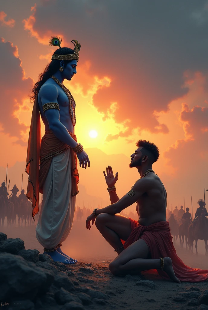 Significant moment from the Mahabharata, where Lord Krishna and Arjuna are engaged in a deep conversation, possibly during the discourse of the Bhagavad Gita.
Description:
Krishna: Standing tall and calm in the image is Lord Krishna, portrayed with his divine blue complexion. He is adorned with traditional jewelry, including armlets, necklaces, and a crown that features a peacock feather, symbolizing his divine and regal nature. He is dressed in a flowing yellow dhoti, with part of it draped gracefully over his shoulder. Krishna's posture is serene, with one hand raised in a gesture of assurance or teaching, as he imparts wisdom to Arjuna. His facial expression is calm and composed, reflecting his role as a guide and charioteer.
Arjuna: Seated on the ground before Krishna is Arjuna, depicted with a muscular build and a look of reverence and earnestness as he listens to Krishna. Arjuna’s current attire is simple, wearing only a yellow cloth around his waist, which does not align with his warrior status. To match his role as a warrior, Arjuna's is in war attire. This would include a golden crown, armor, and possibly a bow placed beside him, indicating his readiness for battle. His posture, kneeling with hands extended in a pleading or questioning gesture, reflects his inner turmoil and his search for guidance.
Background:
Sky: The sky in the background is depicted in a dramatic blend of colors, dominated by a vibrant orange and deep blue as the sun sets or rises. The sun is positioned low on the horizon, casting a warm glow across the scene and creating long shadows that enhance the depth and drama of the moment. The clouds are thick and partially obscuring the sun, contributing to the intensity of the atmosphere.
War Zone: In the distance, the war zone is subtly suggested with the silhouettes of soldiers and war horses , marching or standing at attention, their forms dark against the glowing sky. The battlefield is shrouded in mist or dust, adding to the somber