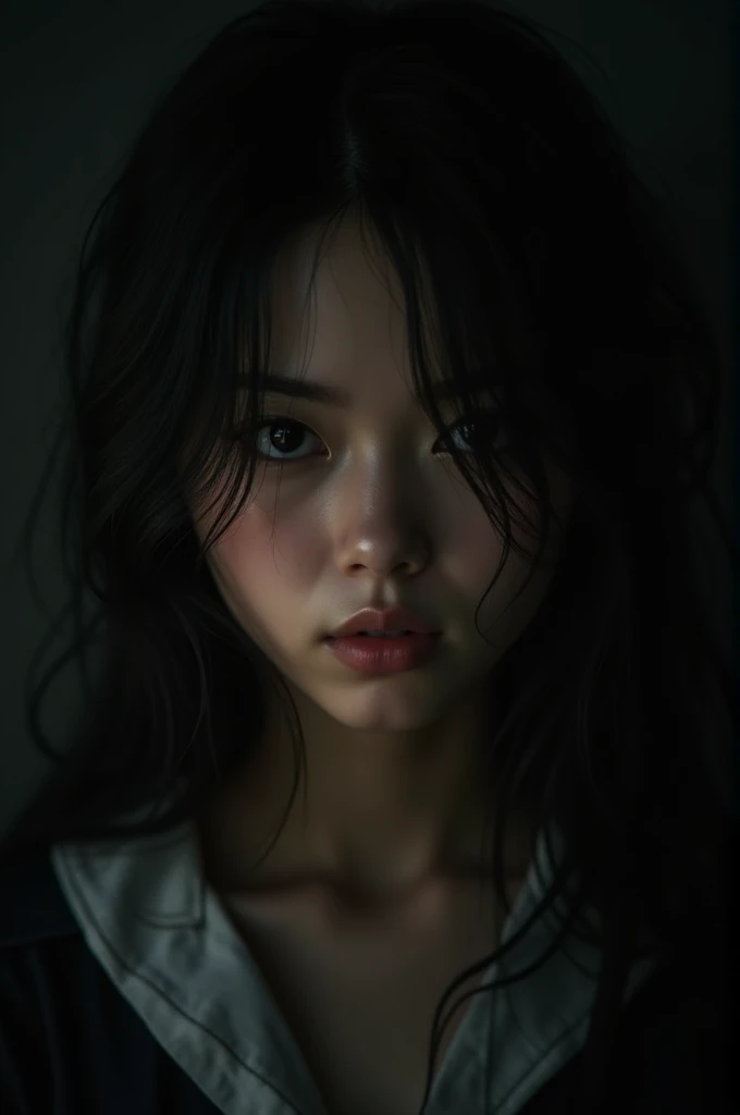 In a dimly lit room、Close-up photos of。On my hair and half of my face、There is a faint light。