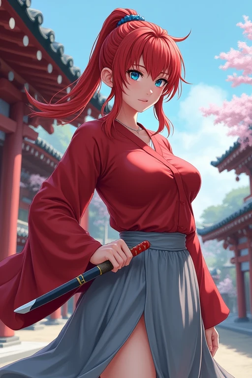 Anime Japanese female Shrine maiden Crimson hair Low ponytail Blue eyes One sword on left hip Scarlet shirt Light grey skirt Large breasts Large buttocks 