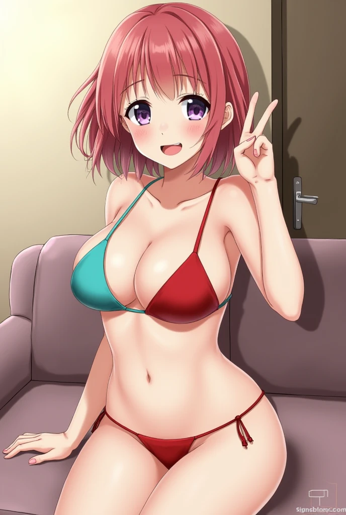 Very short estature, micro bikini, peace sign,girl, smile,photo sesión,slut,anime girl, 5on1,gangbang,bukkake