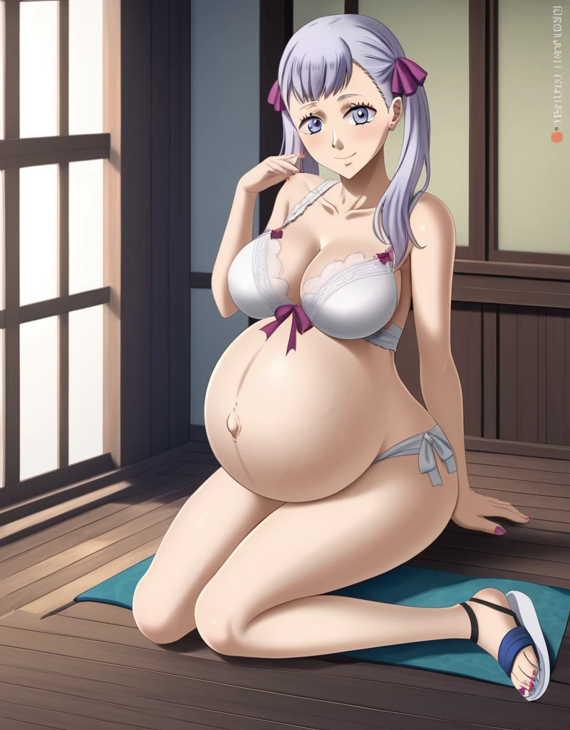noelle_blackclover, Noelle Silva, Black Clover, long silver hair, waist-length hair, half-up half-down hairstyle, ribbon, soft waves, side-parted bangs, almond-shaped blue eyes, high-quality, ultra-detailed, beast quality, 8K resolution, anime style,
looking at viewer, smile, pregnant belly, large belly, huge belly, big Breasts, Sitting
1girl,solo, indoors, happy, Smiling, rub belly,
full body, Nail polish, Sandals