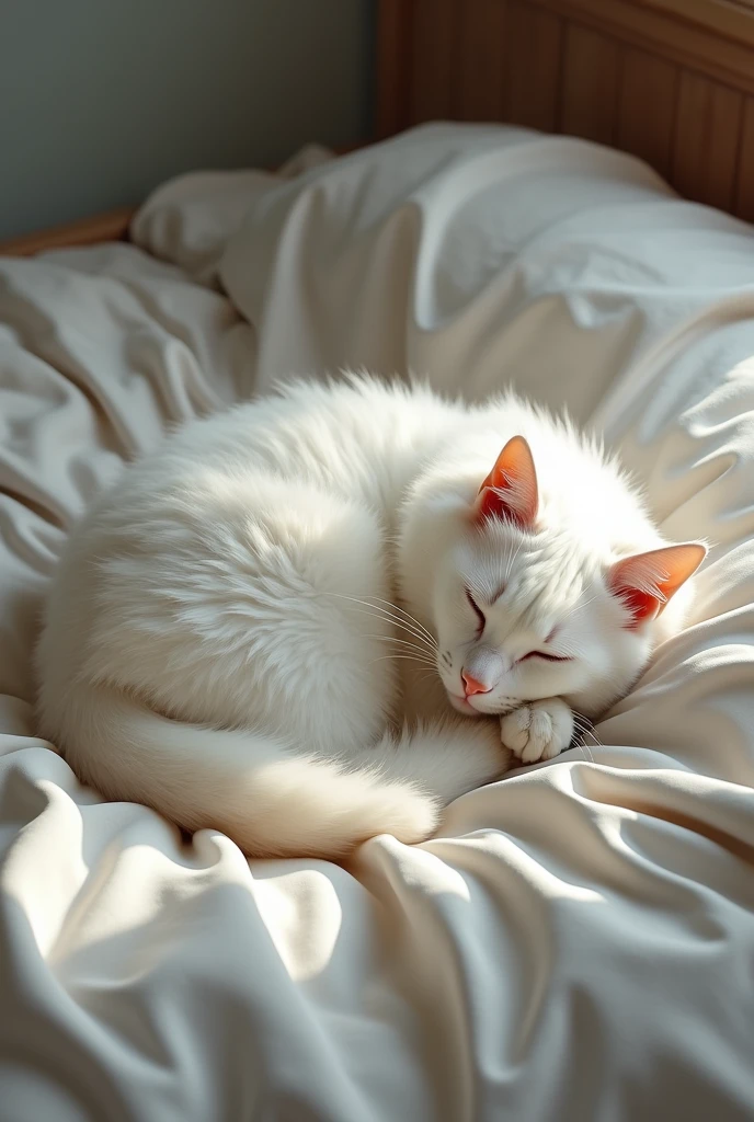 My white cat sleep on my bed looks like real photo 