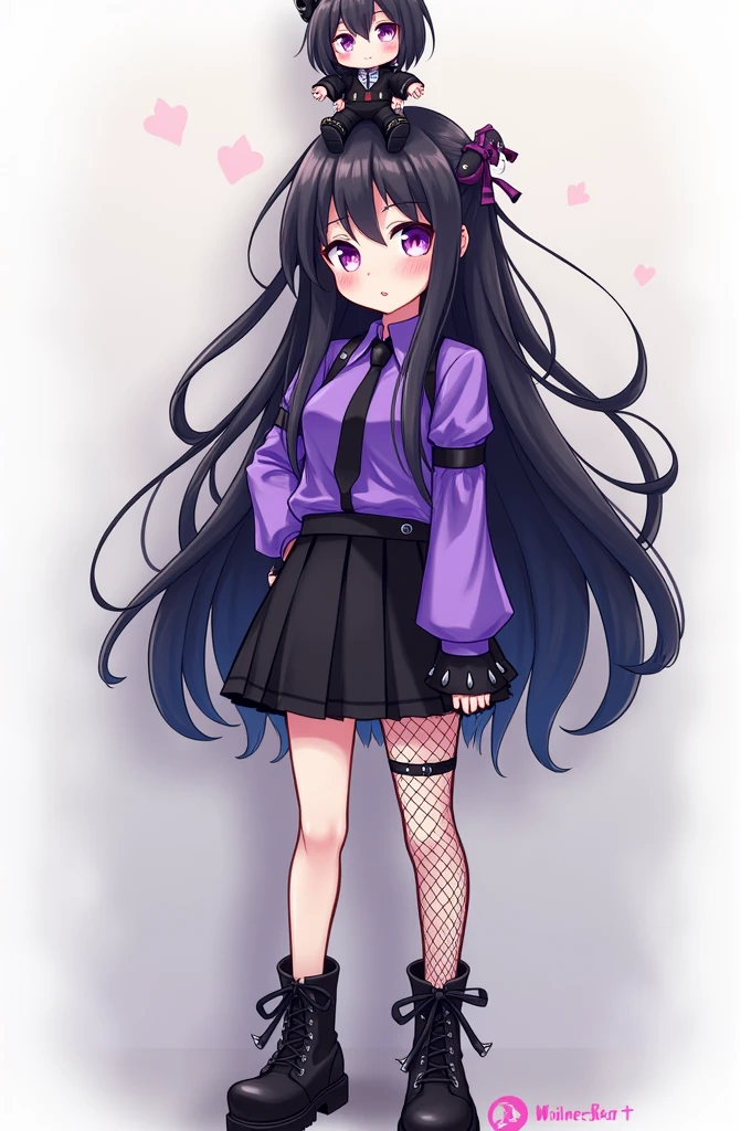 White-skinned anime character with a Kuromi plushie on top of her head, long black hair with bangs, light purple eyes, Purple blouse with black details, black skirt, one leg fishnet mesh, black boots, black gloves, wristbands with spikes