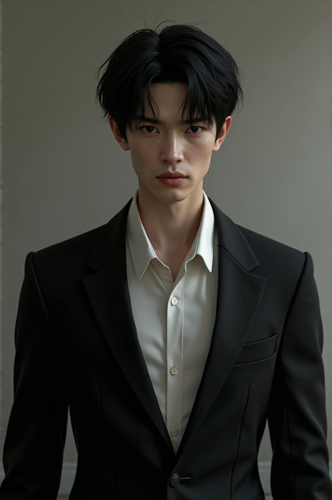 handsome man, high between 1.85 a 1.90 cm, very white white skin, black hair, sharp face, black half-slanted eyes, elegant, suit, serious and seductive look.