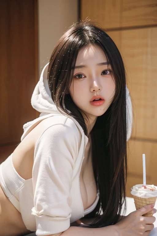 (A 20-year-old Japanese slender beautiful girl), (C cup breasts,:1.5,),(solo,Textured skin, High detail, Highest quality, Super detailed, Surrealism, realism,8k,RAW Photos,Professional Lighting),((Eat soft serve ice cream)),Two Side Up, Sticking out tongue, Dowel Dabo Hoodie