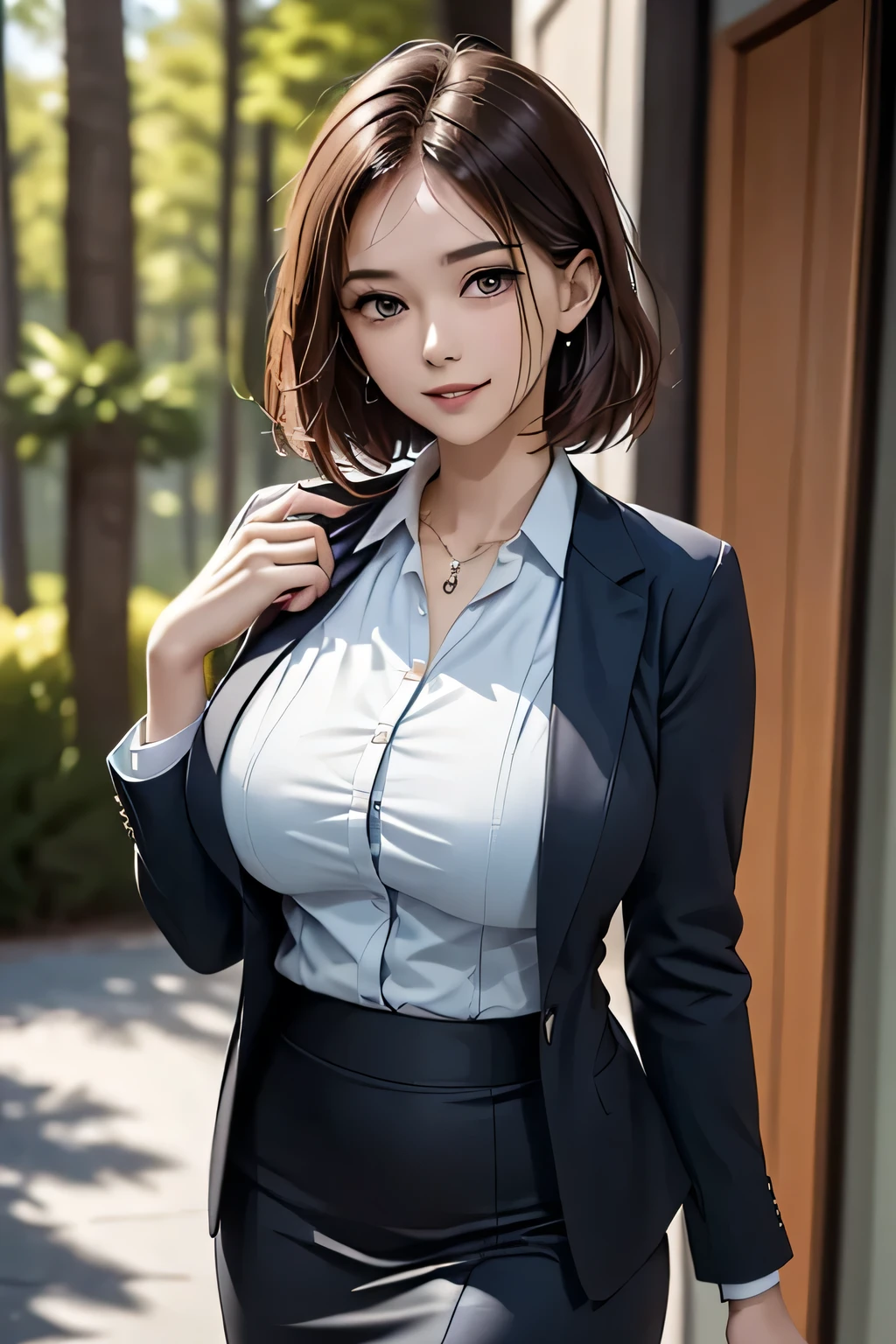 (1 Beauty), beautiful, Great face and eyes, cosmetics, (Extremely delicate beautiful face), (Sexiest Looks), (beautiful big breasts:1.1), (Highest quality:1.4), (Super detailed), (Very detailed CG synthesis 8k wallpaper), Very detailed, Original photo, Professional photography, ((suit)), (Tight Skirt), (Open collar business shirt), Outdoor, ((Night Forest)), (Night Sky), Depth of written boundary