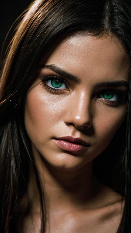 Foto RAW,  25 year old Brazilian, dark make-up, hyperdetailed photograph, smooth light, Portrait of head and shoulders, cover,| (darkness:1.1), clouds, deep shadow, darkness, awarded photo, extremely detaild, incredible, fine-details, absurdrez, perfect beautiful woman extremely detaild, olhos e rosto extremamente symmetrical, extremely detailds, symmetrical, piercing green eyes sharp lumen lighting, detailed clothing, smooth and glowing thin skin, subsurface brightness, [ (Psychedelic Paint Colors Color Burst: 1.21): : 0.15], Nikon D850 4 Camera Kodak Portra 400 Lens F1 Photography Film.6 Rich Colors Hyper-realistic Texture Realistic Lighting Dramatic Trending from Unreal Engine in Artstation Cinestill 800 Tungsten, Style-Neeko , (Good Heart: 0.7), (modest: 0.8 ), glad, excitado, (Rude: 0.8), parted lips, close portrait style-magic swirl