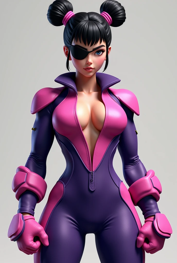 Digital illustration featuring a female character Juri in a dynamic pose, performing a high kick. The character has a fair skin tone and striking facial features, including sharp eyes with purple makeup and a confident expression. She has long, black hair styled into two high, twisted buns with pink highlights. She is dressed in a form-fitting, futuristic bodysuit that is predominantly purple with pink accents, including gloves and boots. The suit has a glossy, latex-like texture, emphasizing the character's athletic build. The background is minimalistic, with abstract purple and white swirls, adding a sense of motion and energy to the composition. The artist's signature is visible in the bottom right corner. anime, anatomically correct, super detail, high quality, 4K