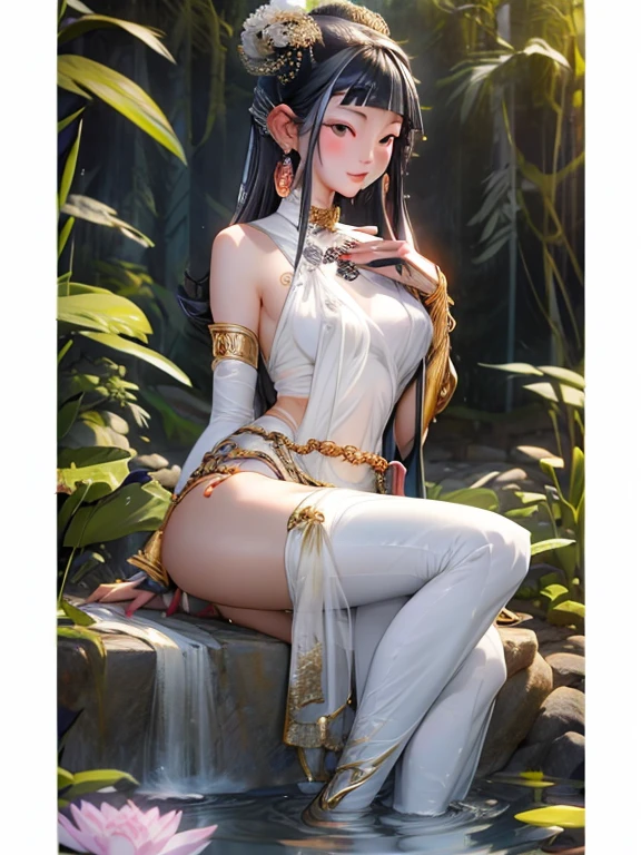 (Buddhist paradise、Gold Dust、silver、Ruri、agate、Several large crystals)、Kannon Bodhisattva、Amitabha is coming、Golden aura shining、白silver色の明るい世界、Flowers are blooming all over the place、Seated on a lotus pedestal、Official artwork、(masterpiece、highest quality、High resolution、8k)、The composition is excellent、