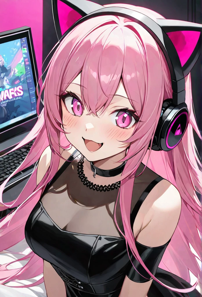 Gamer girl, pink hair, pink eye, cat hears, long hair, blak drees, headphone, happy
