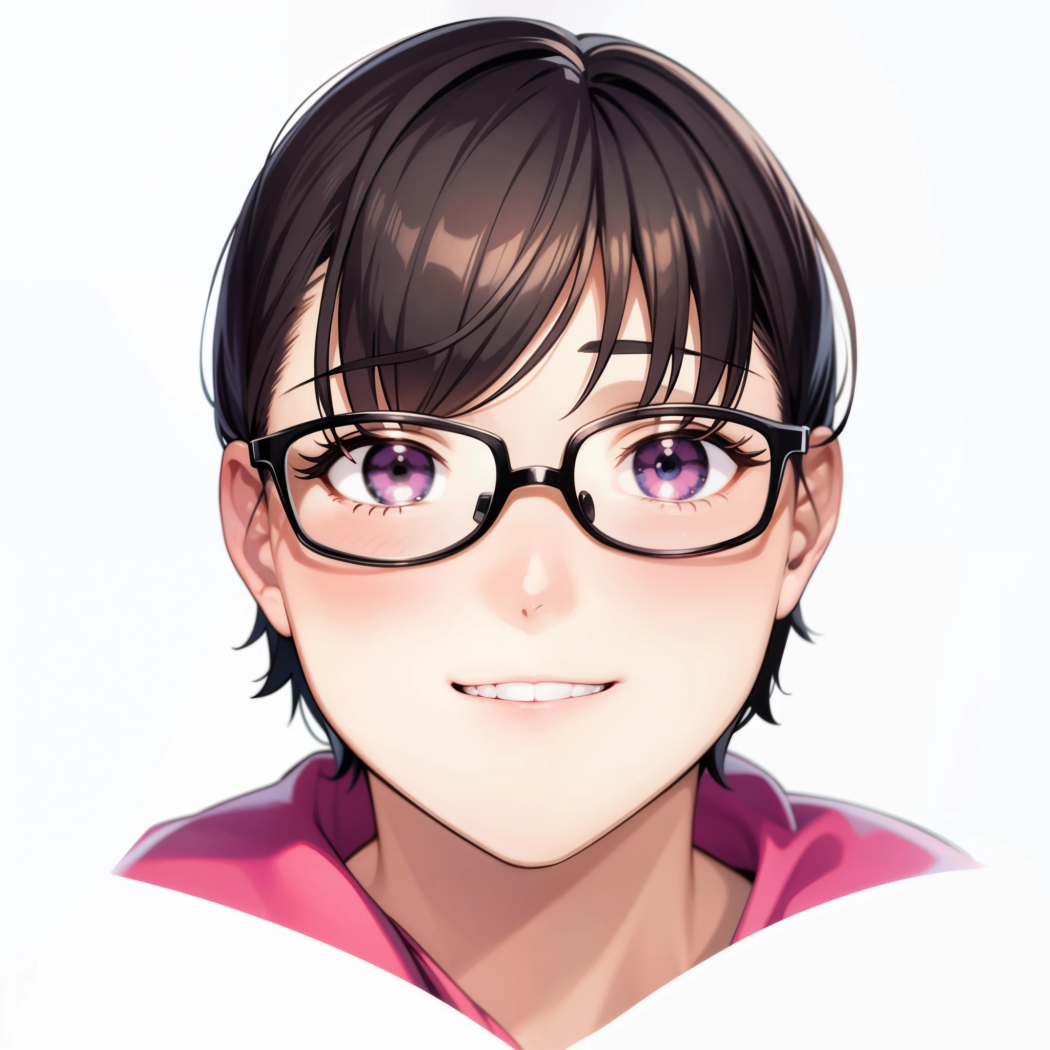 masterpiece、high quality、Very detailed、One woman、Late 20s,solo、(both hands:-1),(Vertical face),(Short Hair),Black glasses,Cheek smile、Close-up、Pink jersey、Looking into the camera、office、Anime Style、2D