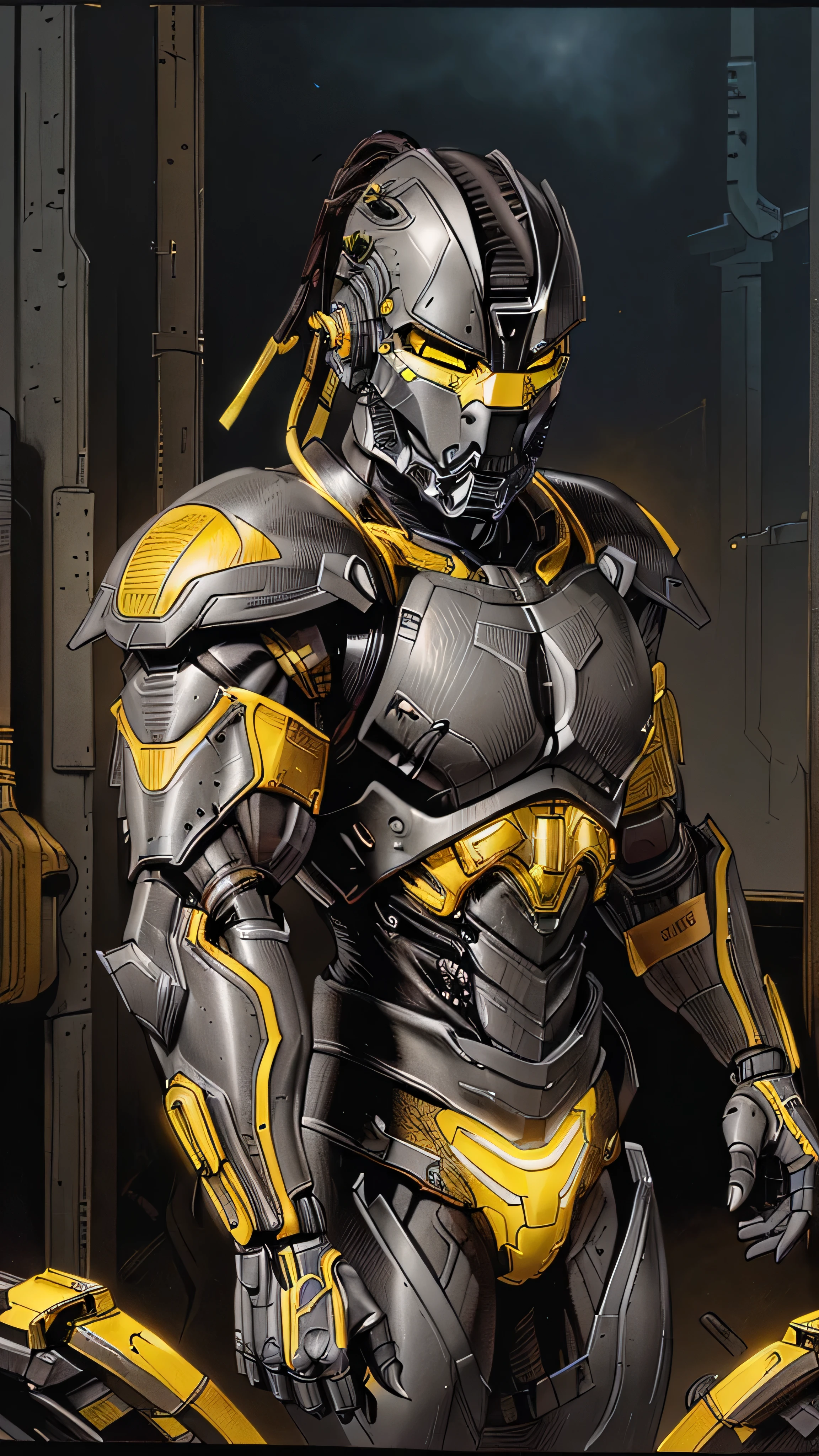 zxcrx, cyborg ninja, sleek (dark grey and black armour:1.5), various mechanical components, face is covered by a helmet with a (glowing yellow visor:1.3), equipped with powerful guns, missile launchers, retractable blades, (insanely detailed, beautiful detailed face, masterpiece, best quality), cinematic lighting, 1man, solo, full body view, front view, looking at viewer, intricate, high detail, sharp focus, dramatic, photorealistic painting art by greg rutkowski