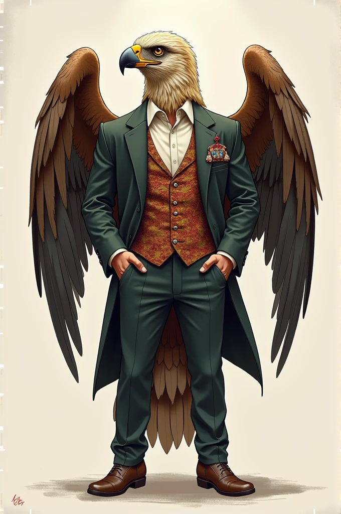 An illustration of an eagle with a man&#39;s body, He has to be dressed in a Colombian suit 