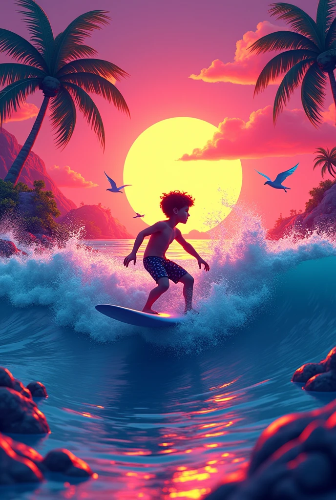 Seascape, Sunset, surfboard, boy surfing, Neon colors, with Spanish letters that say: "Look at this thing", cartoon, impressionistic, 3D