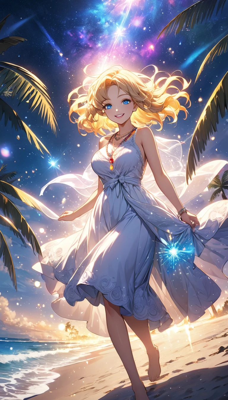 (masterpiece、Highest quality、8k、High resolution)、Best Style、(The most beautiful girl in anime)、(Clear skin、Clean blue eyes、Beautiful lips、Beautiful nose)、smile、Beautiful white upper teeth、Blonde Hair、Ample breasts、Walking on the beach、Palm tree、Beautiful starry sky、milky way、(Body、whole bodyからMystical particles of light、Mystical particles of light、Mystical particles of light、Colorful Light、Vibrant colors)、The area around the head is brightly lit with a mysterious light.、Vibrant colors、(jewelry、necklace)、dress、(whole body)、Highly detailed anime art、A complete portrayal、