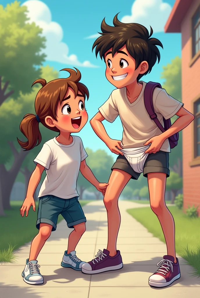 A girl giving wedgie a boy