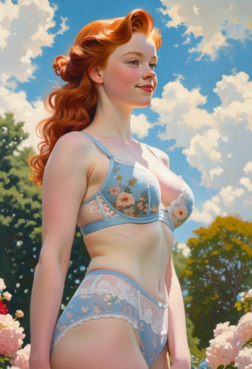 painting of a pale-skinned muscular huge-breasted redhead 18-year-old girl in the style of norman rockwell, standing confidently in a sunlit park, wearing lacy lingerie, vibrant flowers surrounding her, a gentle breeze tousling her hair, a soft smile on her face, detailed background with a blue sky and fluffy clouds, warm color palette