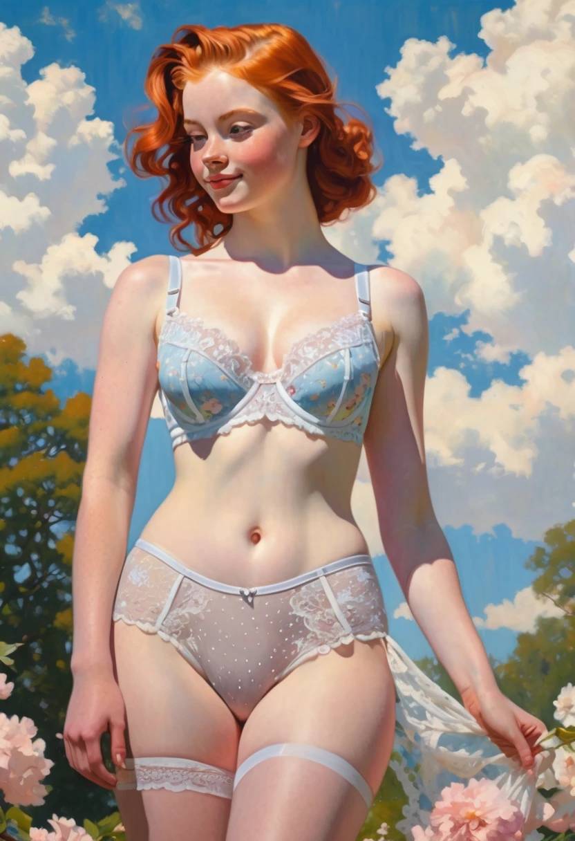 painting of a pale-skinned muscular huge-breasted redhead 18-year-old girl in the style of norman rockwell, standing confidently in a sunlit park, wearing lacy lingerie, vibrant flowers surrounding her, a gentle breeze tousling her hair, a soft smile on her face, detailed background with a blue sky and fluffy clouds, warm color palette