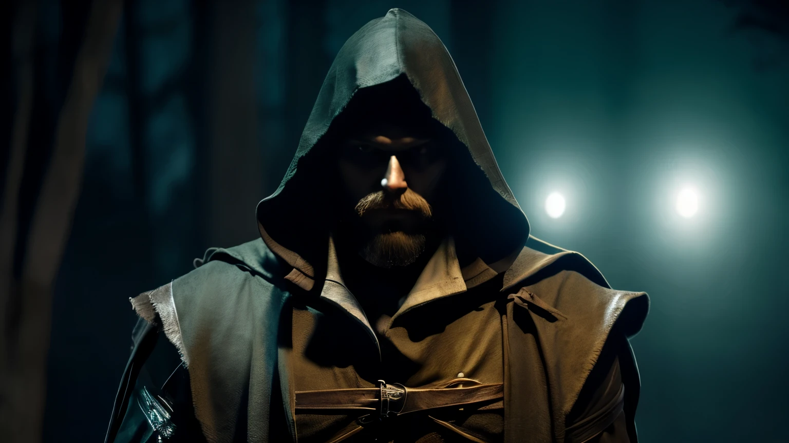 The mystic night stalker male character, called 'The Twilight Stalker', has a short beard and glowing white eyes in the dark like lights, and wear a hood similar to the hero from Assassin Creed, Robin Hood type look. The scene is very dark at nighttime with the overall tone mysterious and shadowy.