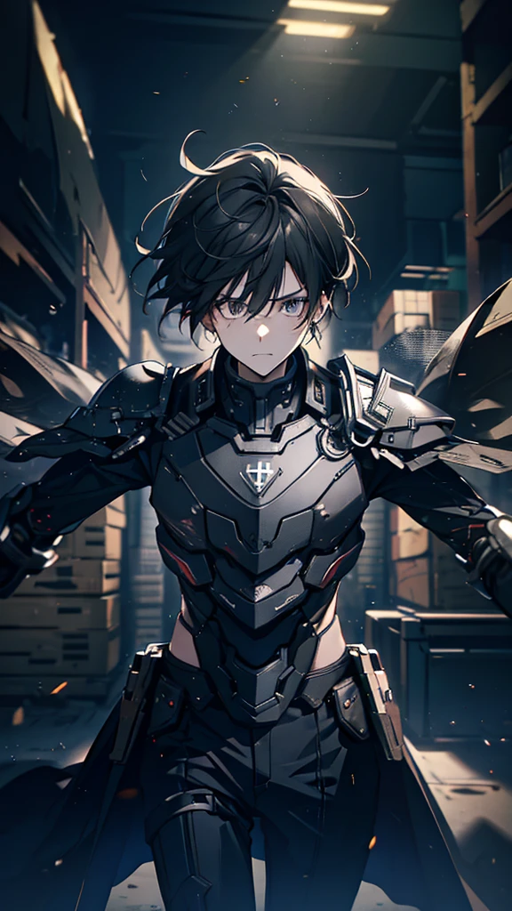 silence，Looking at the items in the warehouse，Warehouse full of supplies，It's dark all around，End of the World，an adult male，youth，Black short hair，look around，Wearing a sophisticated dark gray mecha armor suit，The armor suit has huge and thick limbs，Only the male youth’s hair and face are exposed，Upper body close-up