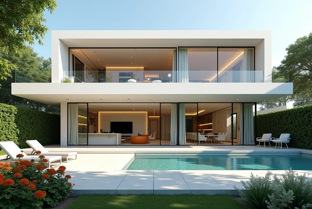 Two-story house where you can see everything with 4 rooms, 3 bathrooms, big kitchen, white armchairs with big tv, garden with flowers and a swimming pool
