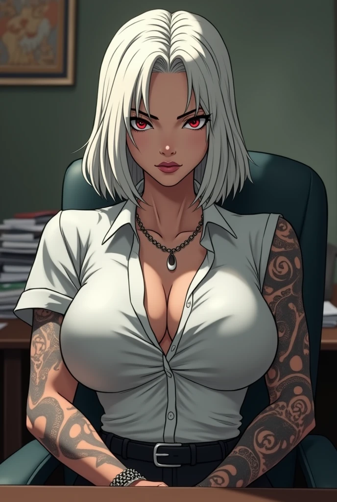 animated style, Woman with muscular arms, fitted white shirt, Shoulder-length white hair, white skin, red eyes, Sitting in her office, attractive, tall, intimidating look, indifferent expression, body with black tattoos with (((((( huge fake breasts:140.7 ))))))