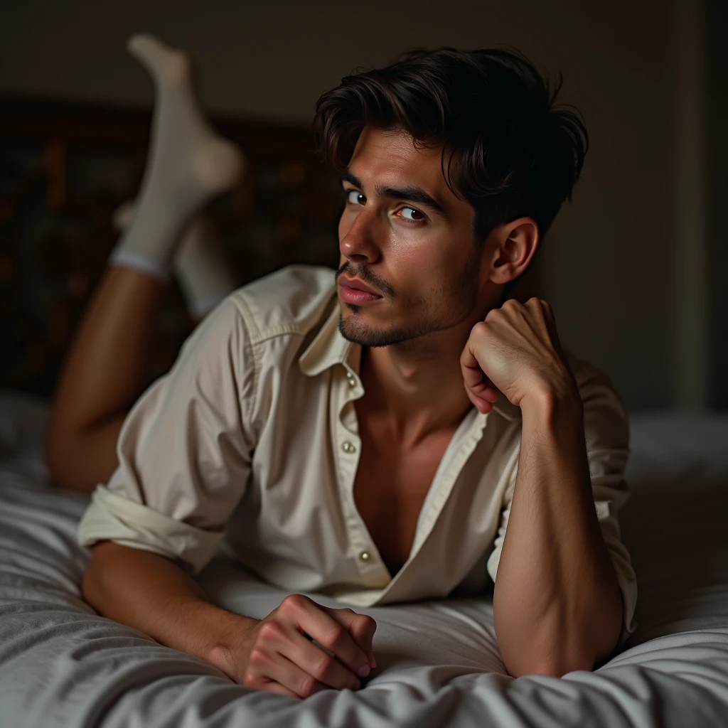 A white man, at 33 years old, model type, with short dark hair, with clear eyes, wearing arabic shirt, socks and boxers lying on his stomach on his back looking at the camera on the bed showing his ass